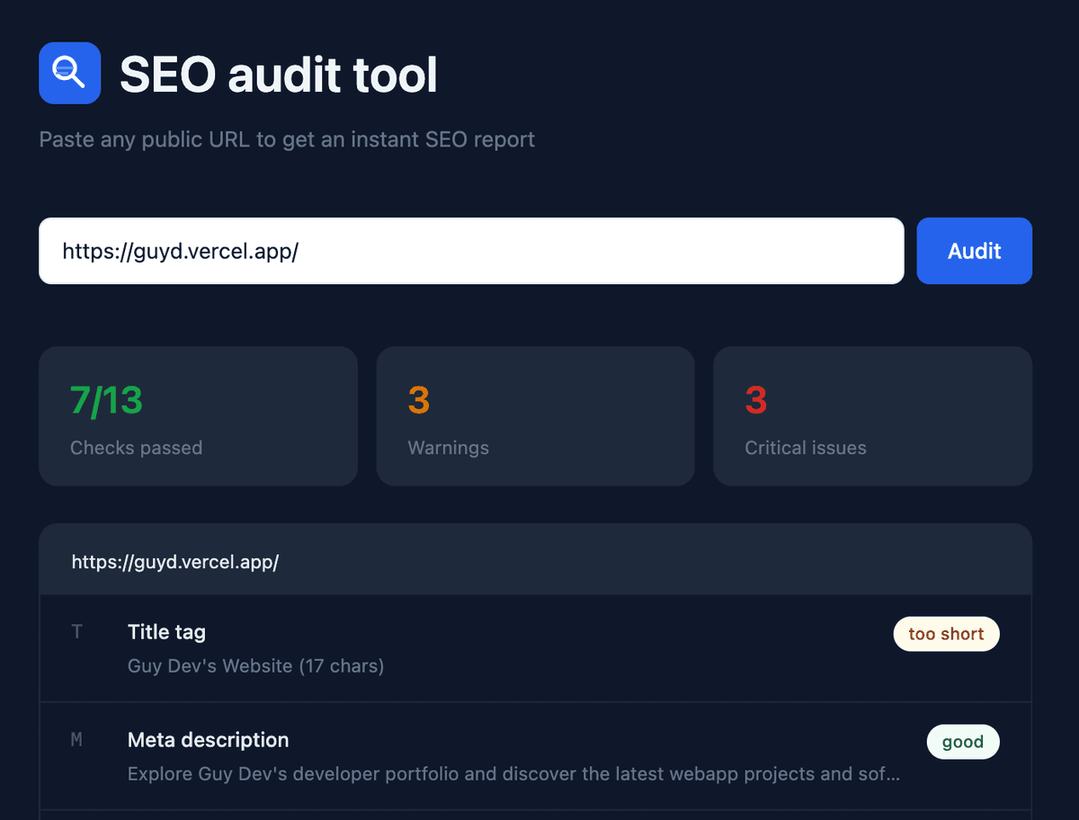 SEO Audit Tool — project by Guy Dahan
